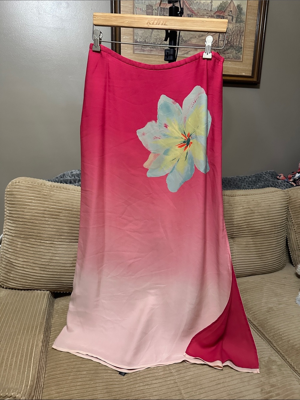 Max Studio SILK Pink Ombre with Abstract Blue Floral Design